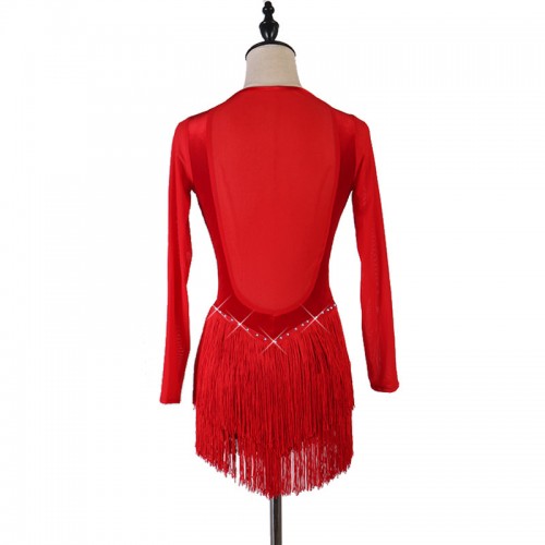 Red velvet with mesh sexy latin dance dresses with diamond for women girls fringe rumba salsa chacha dance mini dress for female 